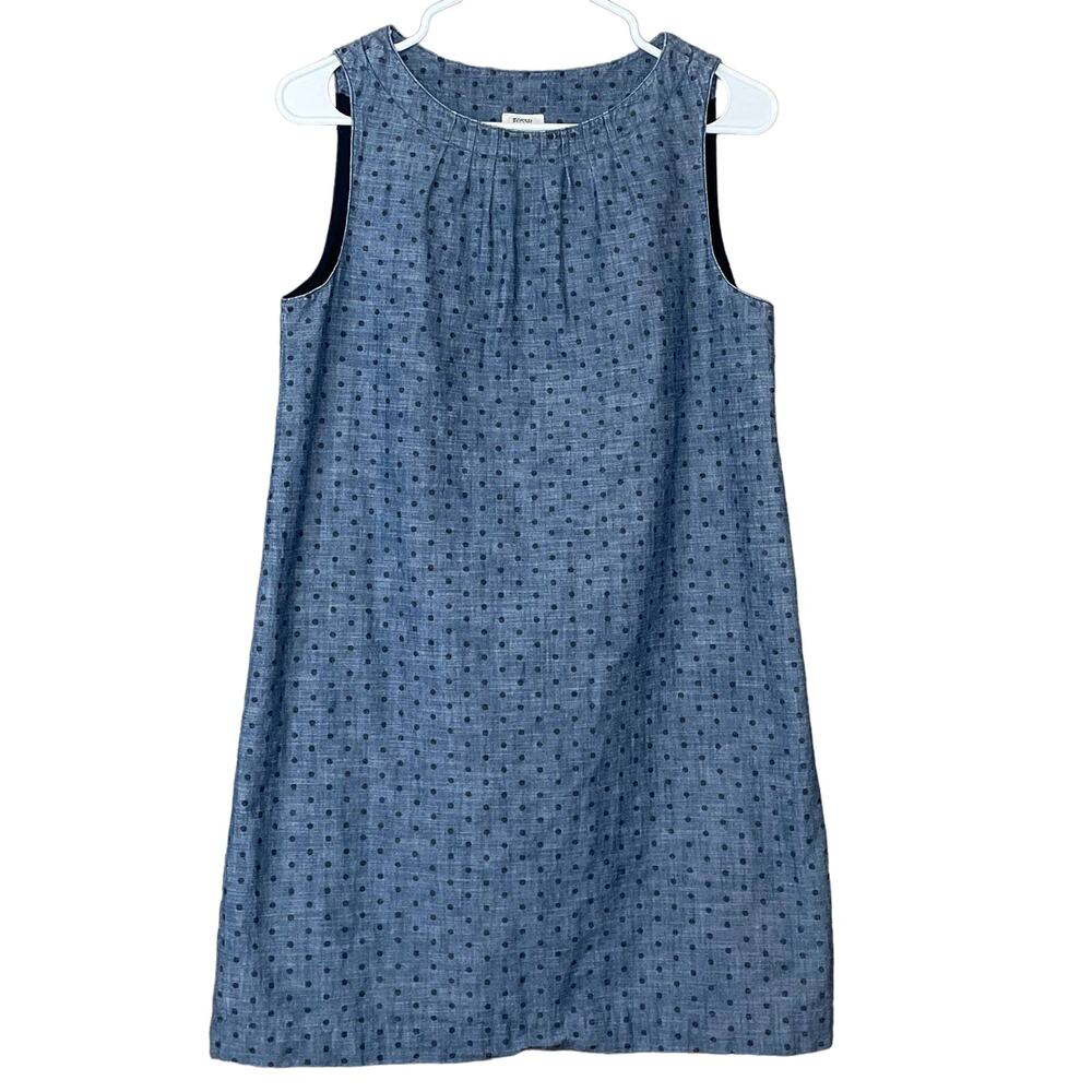 Fossil Blue Denim Sleeveless Shift Dress Navy Blue Polka Dot SZ Small